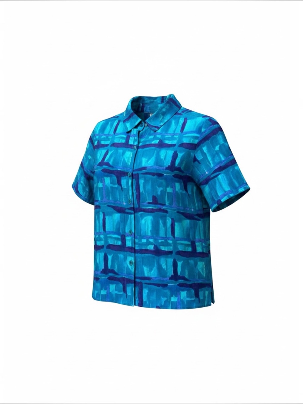 Alfred Dunner Teal and Blue Button Front Short Sleeve Blouse - Size 14P